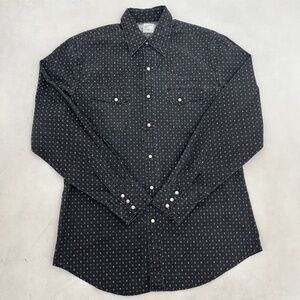 Wrangler Wrancher Mens M Button Up Western Shirt‎ Black Blue Diamond Print Snap